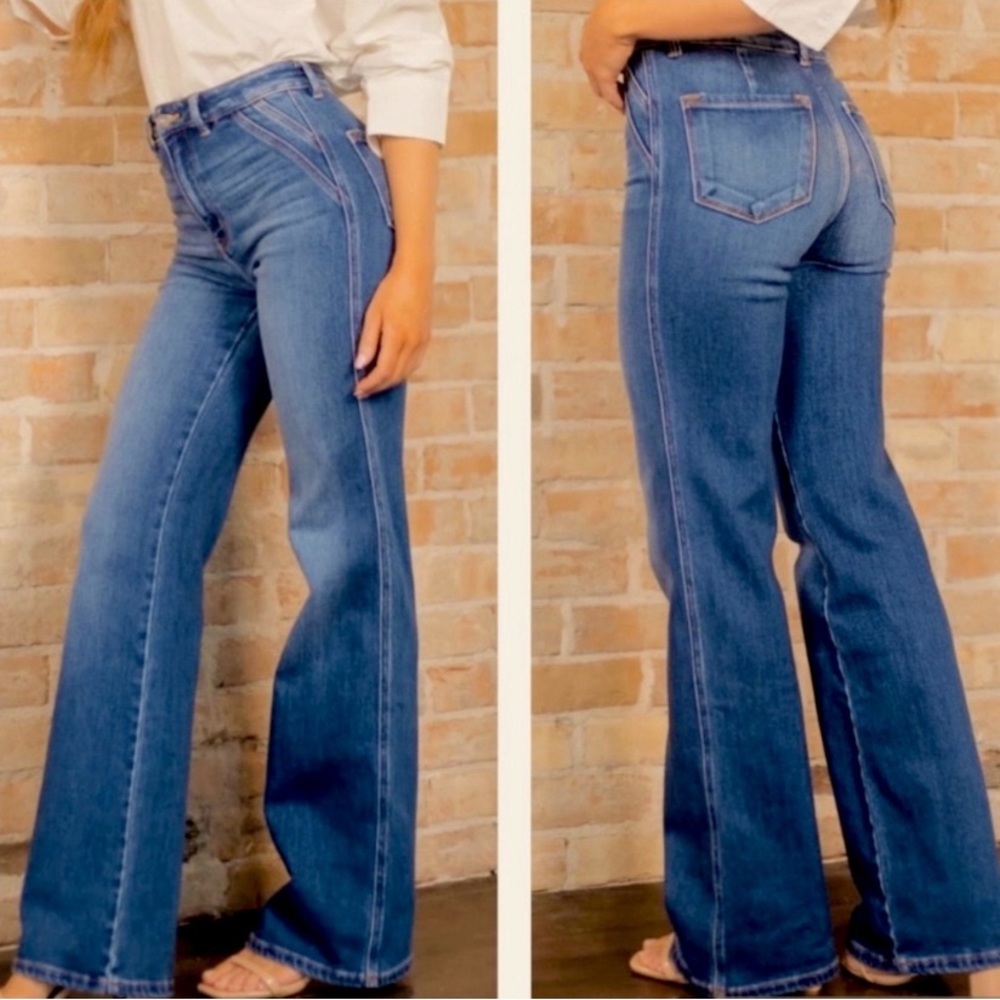 New KanCan High Waisted Stretch Flare Jeans Seamed Pocket Detail - Picture 1 of 10